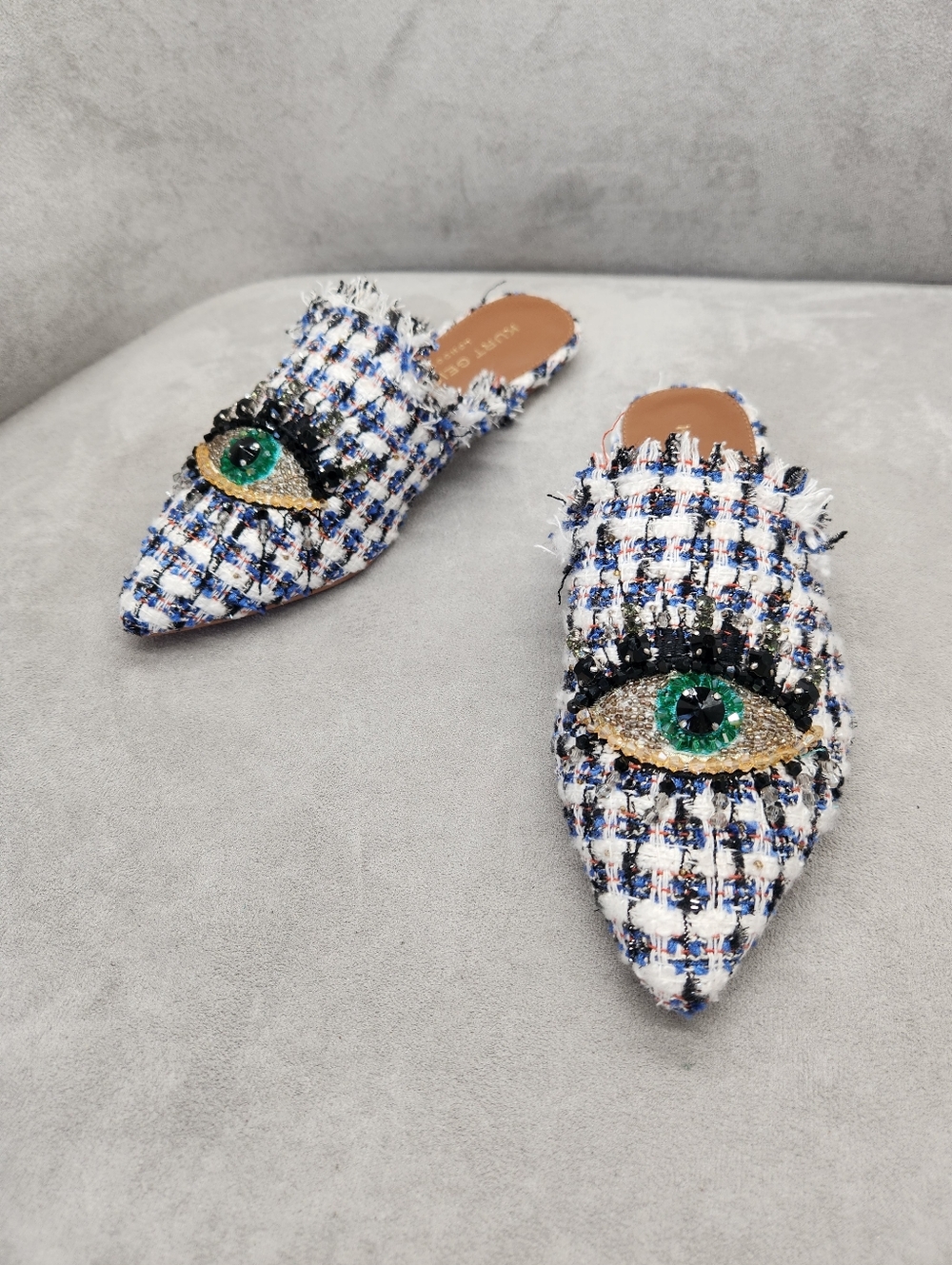 Kurt Geiger Mules 5 Blue White Tweed Plaid Olive Eye Fray Beaded Pointy New $195 - Picture 8 of 17